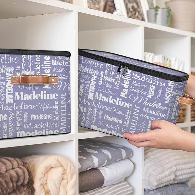 Custom Storage Basket with Name Personalized Keepsake Box with Zipper Lid Foldable Fabric Memory Bin Large capacity with Handle Haze Purple