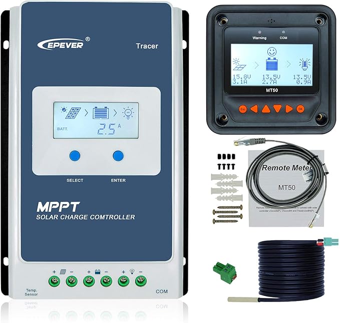 EPEVER MPPT Solar Charge Controller 30A 12V 24V Auto Tracer3210AN + Remote Meter MT52 + RTS Solar Panel Regulator Common Negative Ground for Lead-Acid LiFePO4 Lithium Battery (30A + MT52+RTS)