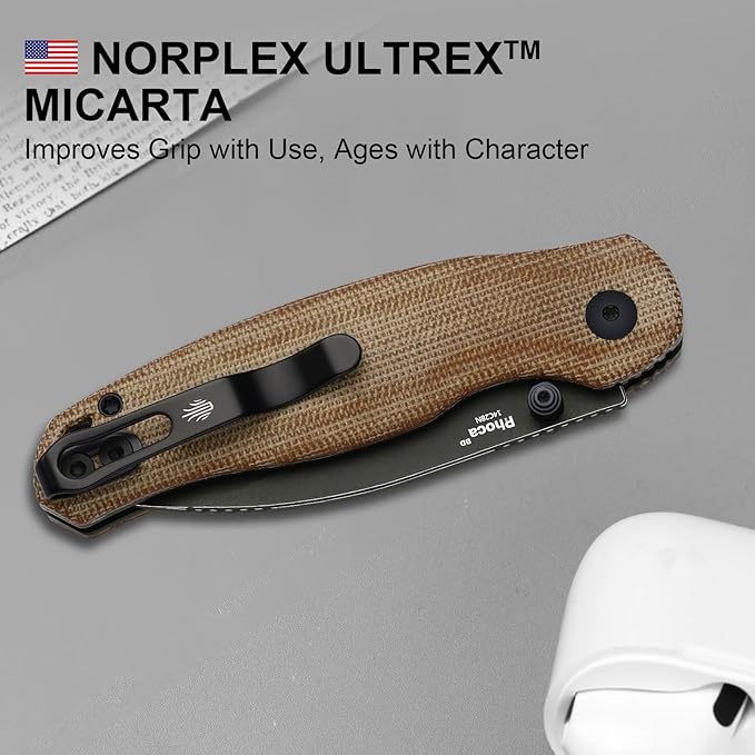 Kizer Phoca BD Pocket Knife 2.95 Drop Point 14C28N Blade Folding Knives with Brown Norplex UltreX™ Micarta Handle Thumb Stud EDC Knife for Men Women V3781BDA1
