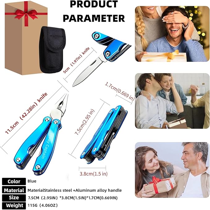 16-in-1 Mini Multitool Pliers: Stainless Steel Folding with Knife Spring-Loaded Needle Nose Wire Cutter Saw Screwdrivers Opener - 115g Lightweight EDC Gear with Nylon Sheath.
