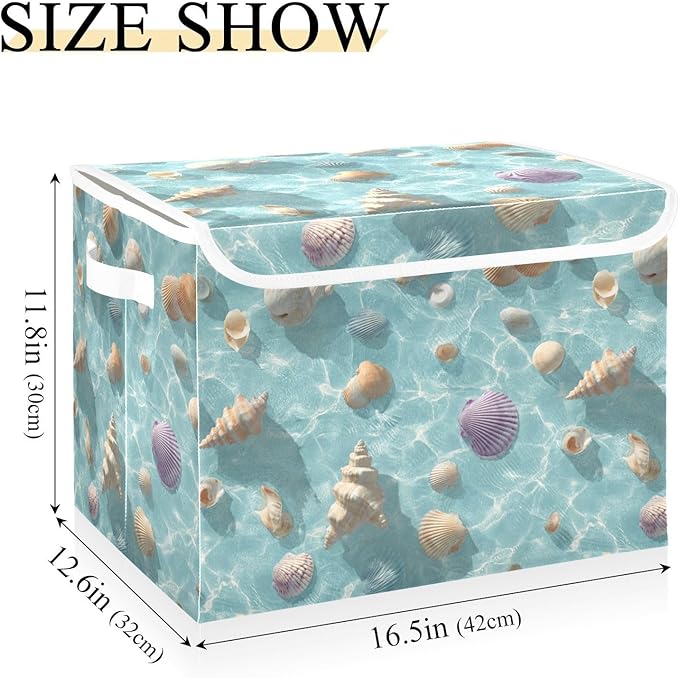 Blue Sea Shell Summer Collapsible Storage Bins with Lids Decorative Fabric Cubes Closet Organizer Basket Boxes Containers for Clothes Box Chest Folding Rectangle