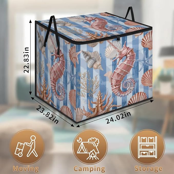 XL Large Clothes Storage with Lid Handle Starfish Shell And Seahorse Large Thick Clothes Blanket Storage Containers for Organizing Bedroom Closet Comforter Organization Storage Beach Theme