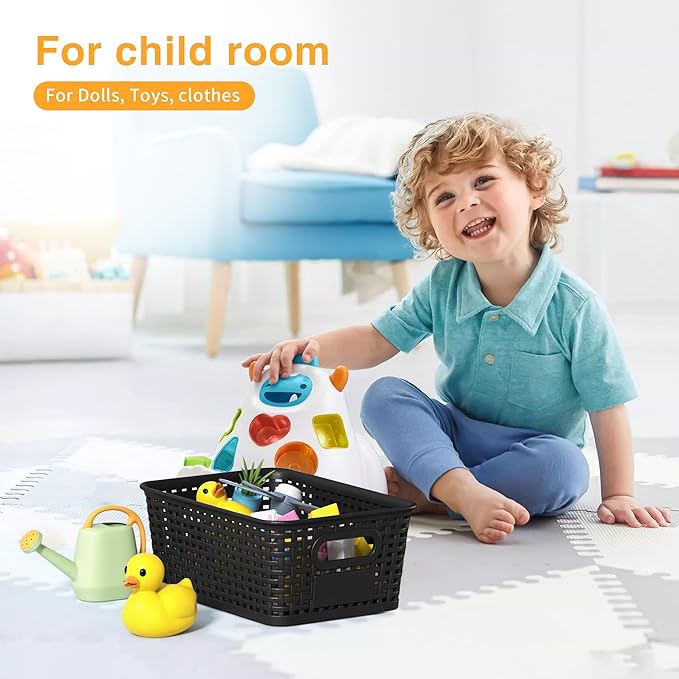 Black Plastic Storage Baskets - Pack of 8 with Labels Stackable Durable Storage Bins Storage Containers for Organizing Desktops Closets Playrooms Classrooms Offices
