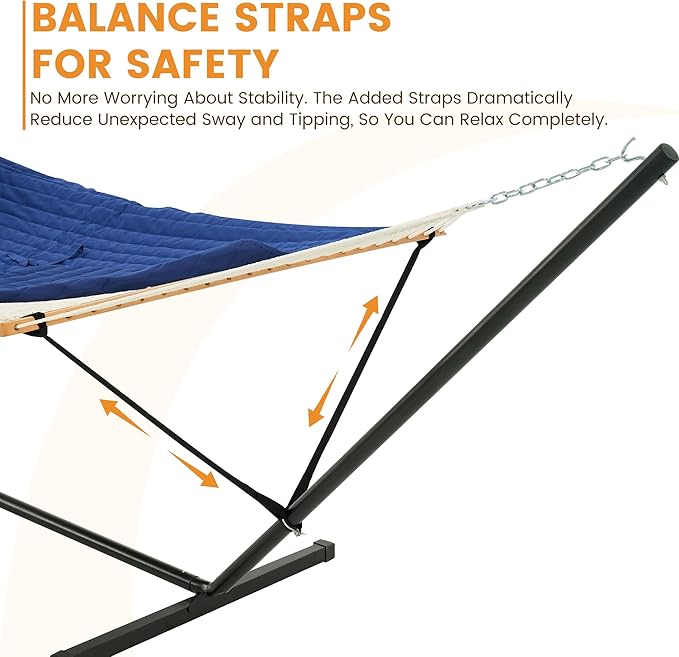 Lazy Daze Hammocks 2 Person Portable Hammock with 12FT Stand 10.5FT Double Hand Woven Cotton Rope Hammock with Detachable Quilted Pad &amp Pillow for Outside 450lb Capacity Navy Blue