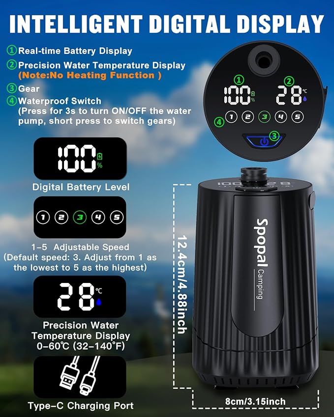 Spopal Portable Shower for Camping with 5-Gallon Water Jug [Upgraded] 10000mAh Rechargeable Camping Shower with 5 Adjustable Speeds Food Grade Material Water Containers for Hiking Travel Car Pet