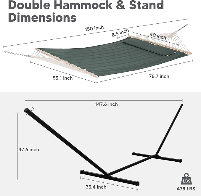 SUNCREAT Hammocks Extra Large Double Hammock with 12 ft Stand 475lbs Capacity Outdoor Portable Hammock with Hardwood Spreader Bar Extra Large Pillow Gray Green