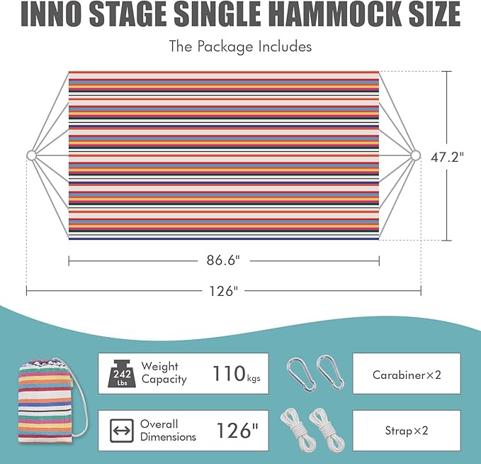 INNO STAGE Brazilian Hammock with Tree Straps - Cotton Hammocks Portable Hammock with Carry Bag for Backyard Porch Outdoor and Indoor Use Mixcolor
