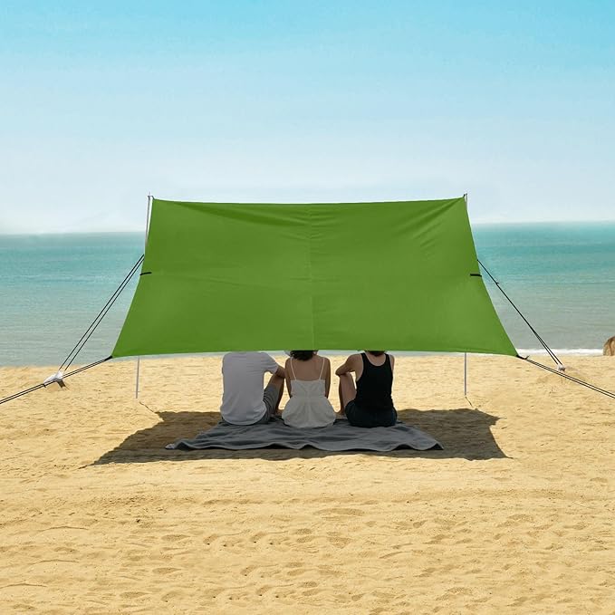 xigua Dark Green Beach Tent Sun Shelter with Carrying Bag - Silver Coated Oxford Fabric Beach Canopy for Beach Camping Fishing - Includes Windproof Ropes Sandbags &amp Stakes