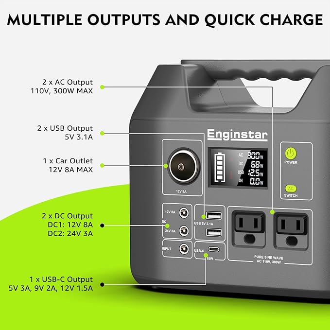 EnginStar Solar Generator 300W Portable Power Station 296Wh Lithium Battery Backup w/Two 110V Pure Sine Wave AC Outlet for Camping Road Trip RV 80000mAh Sufficient Power Supply for Blackout