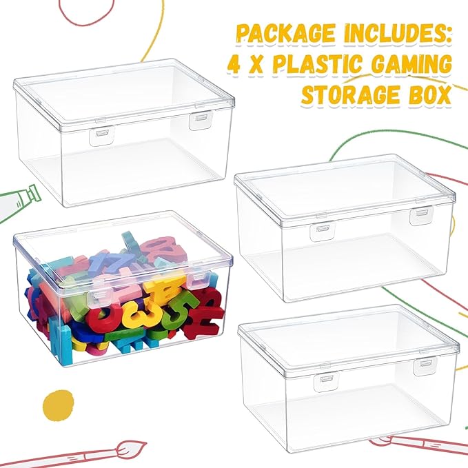 SiliFine 4 Pcs 7.09 x 5.2 x 3.43 Inch Clear Plastic Playroom and Gaming Storage Organizer Box Containers Stackable Storage Bins with Lids for Shelves or Cubbies Holds Puzzles Building Blocks