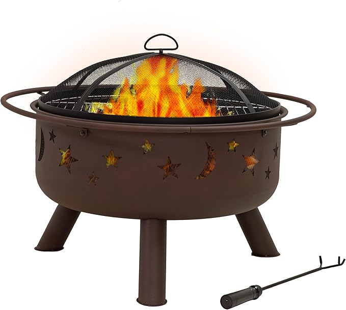 Sunnydaze Cosmic 30-Inch Patio Fire Pit for Outside - Outdoor Wood-Burning Fire Pit with Grill Grate Spark Screen and Fireplace Poker