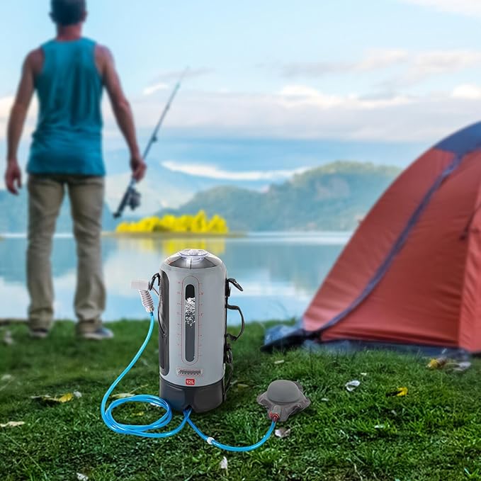 Portable Pressure Outdoor Camping Shower Bag with Air Pump Shower Head Hose12L Solar Absorbing 3-Gallon Water TankDurable and Waterproof Shower Equipment