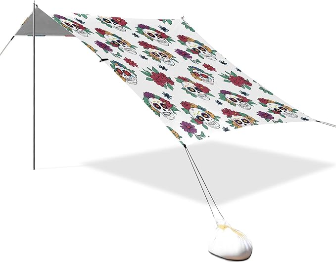 ALAZA Skull Flower Pattern Beach Tent Sun Shelter Portable Canopy Sunshade for Outdoor Camping Picnics Backyard Fun 10x9 ft