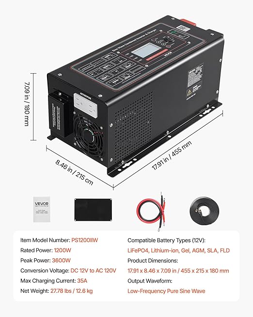 VEVOR Pure Sine Wave Inverter Charger 1200W DC 12V to AC 120V Power Inverter with LCD Display Remote Control Low Frequency for RV Camper Home Compatible with 12V LiFePO4 Lithium Batteries