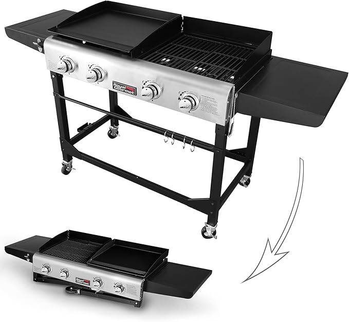 Royal Gourmet GD401 Portable Propane Gas Grill and Griddle Combo with Side Table | 4-Burner Folding LegsVersatile Outdoor | Black 66 Inch
