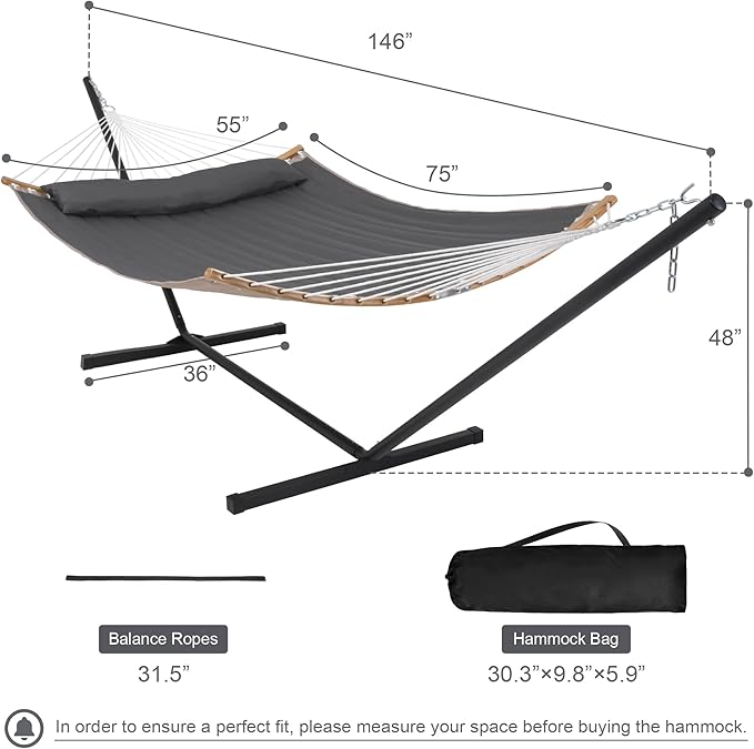 55in Hammock with Stand Heavy Duty Hammock with Stand Included Two Person Hammock with Curved Spreader Bar Pillow and Portable Bag 450 Lbs Capacity Dark Gray
