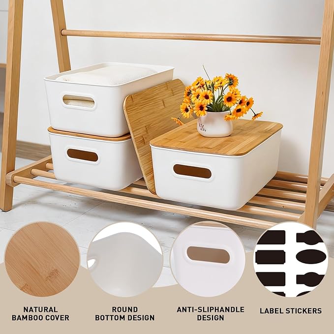Citylife Storage Bins with Bamboo Lids 16QT Plastic Storage Containers Stackable Organizer Boxes with Handle for Desk Snacks Toys 2 PCS 15 L x 10.6 W x5.8 H