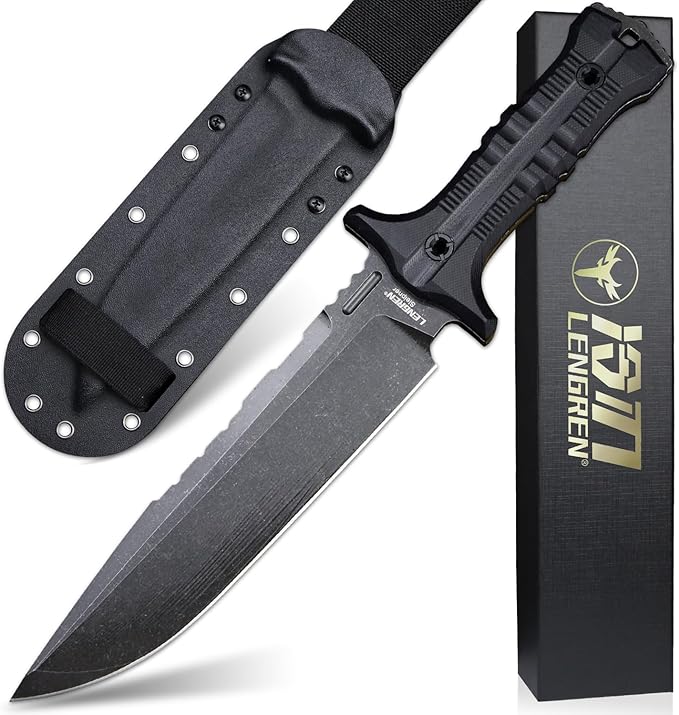 Dragon 12.8 Inch Sleipner Steel Full Tang Fixed BladeOutdoor Camping Tactics Hunting KnifeG10 Handle with leggings Kydex Sheath (Black handle black blade)