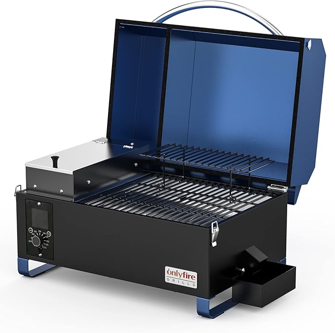 ONLYFIRE GRILLS BBQ Wood Pellet Grill Smoker with Digital Control Meat Probe &amp 2 Tiers Cooking Area Portable Tabletop Grilling Stove for BBQ Smoke Bake and Roast RV Camping Blue GS313