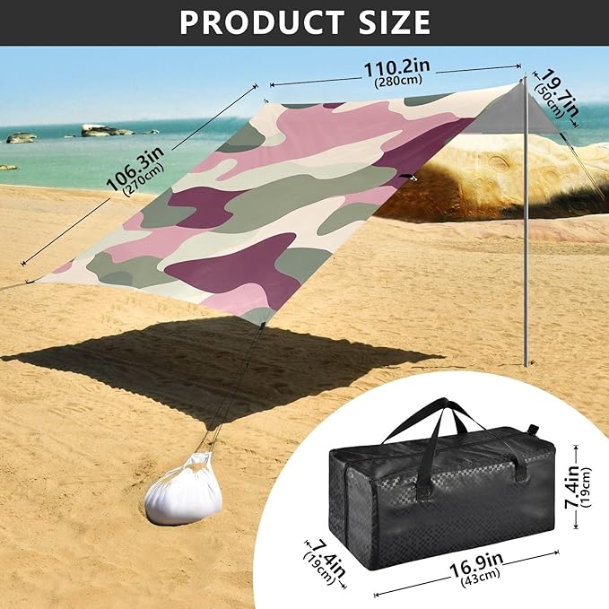 Sage Foldable Beach Tent UPF50+ Easy Setup Large Sun Shelter with Sandbags and Shovel for Camping Picnics Backyard &amp Fishing