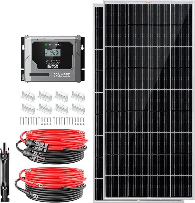 RICH SOLAR 400 Watt Premium Solar Kit - 2 Pack of 200W Panel 40A MPPT Charge Controller Mounting Z Brackets Adaptor Kit Tray Cables Set Off-Grid 12V Solar Power System