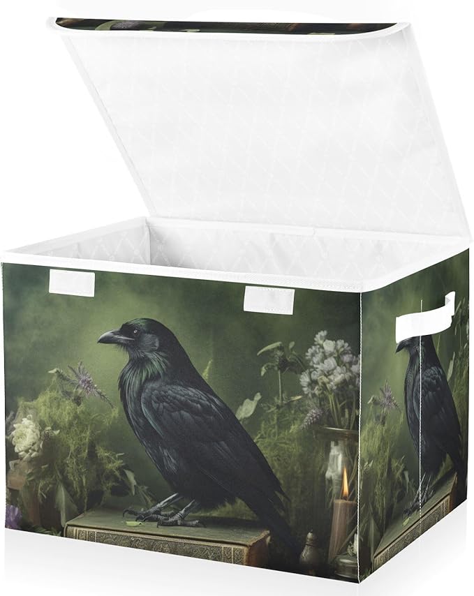 Storage Cube with Lid Collapsible Raven Book Flower Print Large Capacity Foldable Storage Basket Bin Organizer 16.5×12.6×11.8 IN
