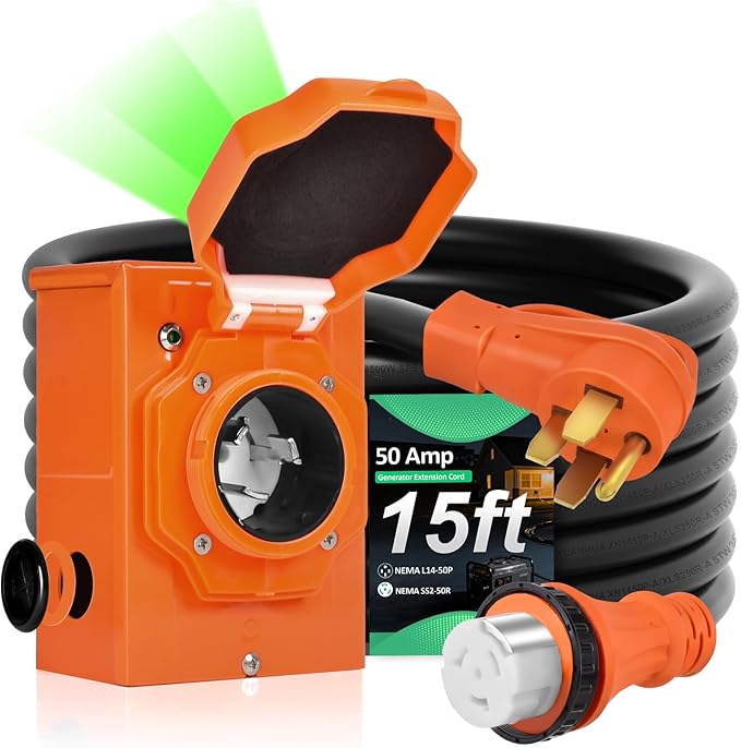 H HZXVOGEN 50 Amp Generator Cord and Power Inlet Box Kit 15FT RV Extension Cord NEMA 14-50P/SS2-50R STW 6/3+8/1 AWG Power Cord with Pre-Drilled Generator Inlet Box Twist Lock Connector UL&ampETL Li