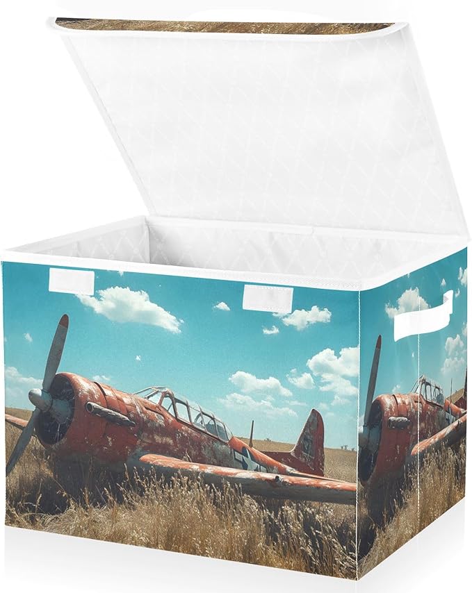 AIXIWAWA Lidded Storage Cube (Retro Plane) Fabric Foldable Closet Bins with Flip Lid and Handles Organizer Basket Container 16.5 x 12.6 x 11.8 IN