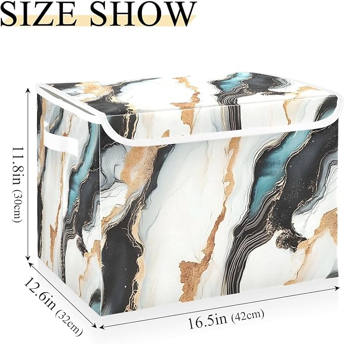 Storage Cube with Lid Gold Green Marble Print 16.5×12.6×11.8 IN 1 Pack Collapsible Large Capacity Foldable Storage Basket Bin Organizer
