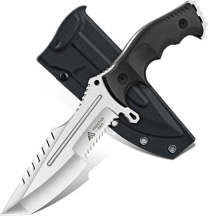 Freelander Fixed Blade Knife D2 Steel Full Tang Survival Knife with Kydex Sheath Outdoor Bushcraft Knives with Ergonomic Handle Camping Survival Knives for Men Plain &amp Serrated Edge