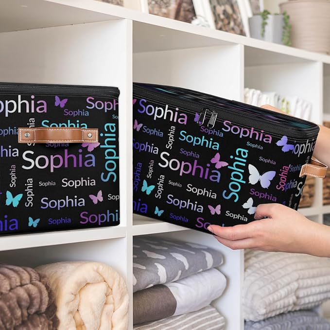 Custom Storage Bins with Zipper Lid Personalized Purple Pink Green Butterfly Fabric Lidded Storage Baskets Boxes Foldable Cubes Clothes Organizer Container