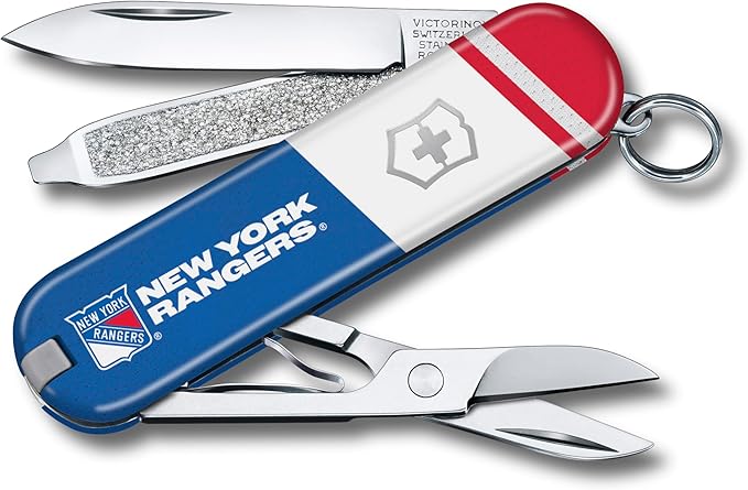 Victorinox Classic SD Swiss Army Knife – Compact 7 Function Swiss Made Pocket Knife with Small Blade Screwdriver and Key Ring – New York Rangers