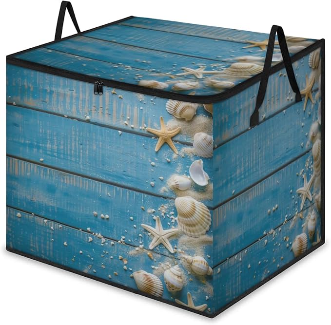 XL Large Clothes Storage with Lid Handle Summer Beach Large Thick Clothes Blanket Storage Containers for Organizing Bedroom Closet Comforter Beach Theme Seashells Starfish