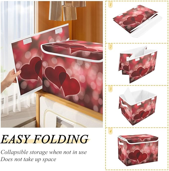 senya Valentines Baskets Collapsible Storage Bins with Lids Hearts Bokeh Effect Storage Boxes Clothes Baskets for Organizing