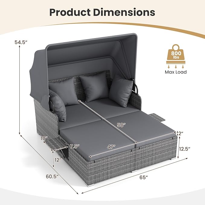 Tangkula Patio Rattan Daybed with Retractable Canopy Outdoor Wicker Sunbed Lounger with 2 Foldable Side Tables Thick Seat &amp Back Cushions Outside Double Daybed for Garden Backyard Porch Grey
