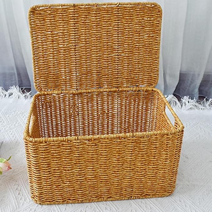 Lurrose Decorative Small Lidded Storage Basket Imitation Rattan Woven Container with Lid Large-capacity Closet Organizer Bin for Bedroom and Outdoor Use