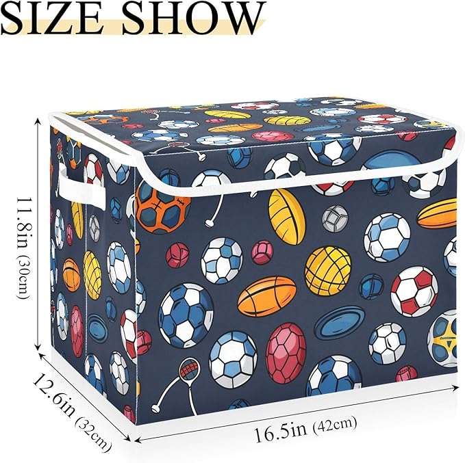 Sports Balls Lidded Storage Bins with Handles - 16.5x12.6x11.8 Foldable Organizing Box Oxford Fabric &amp Honeycomb Board Dust-Proof Flip Lid for Closet/Office