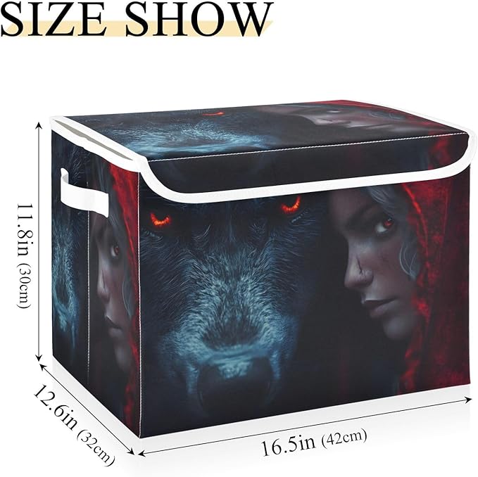 Storage Cube with Lid Wolf and Red Print 16.5×12.6×11.8 IN Collapsible Large Capacity Foldable Storage Basket Bin Organizer