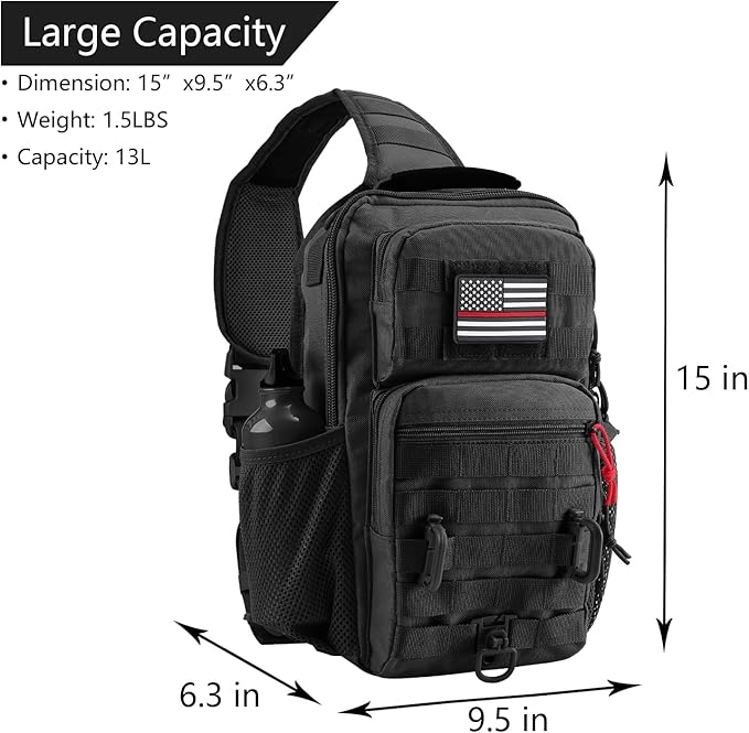 Rover Sling Pack Tactical Shoulder Sling Bag Backpack with Bottle Holder Crossbody Chest Bag Black with Red Rope/Patch