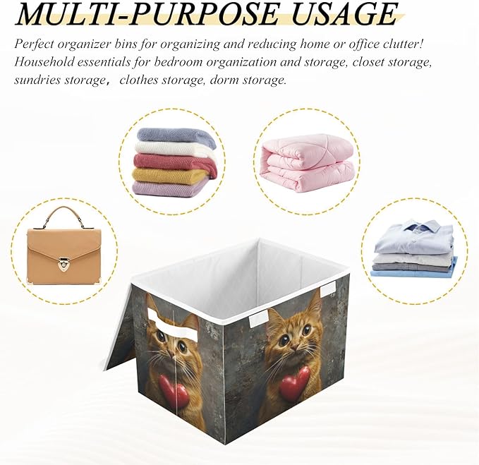 AIXIWAWA Lidded Storage Cube (Cat Valentine) Fabric Foldable Closet Bins with Flip Lid and Handles Organizer Basket Container 16.5 x 12.6 x 11.8 IN
