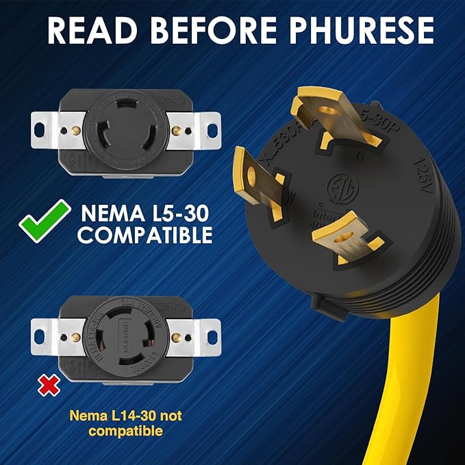 30 Amp to 20 Amp 110V Adapter 1.5 FT Yellow 3 Prong L5-30P to 4X 5-15R/5-20R T-Blade 5000W ETL Listed For Household Tools Appliances RV Camping