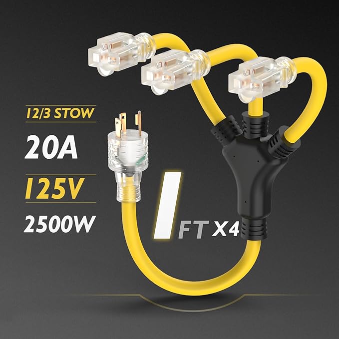 TOOLIOM 30 Amp Generator Adapter Cord Power Splitter NEMA L5-30P to 3 x 5-15R/5-20R Household Plug ETL Listed Generator Extension Cord 125V 3750W Stow 12AWG/3C (2 FT)