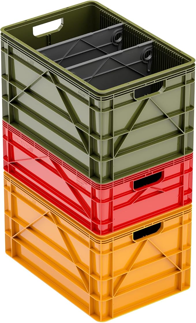 SIDIO Crate Basic Pack - 2 Full-Size &amp 1 Half-Size Heavy Duty Stackable Storage Bins Totes and Containers with Dividers - Durable Plastic Organizer for Home Office Garage and Outdoor Use