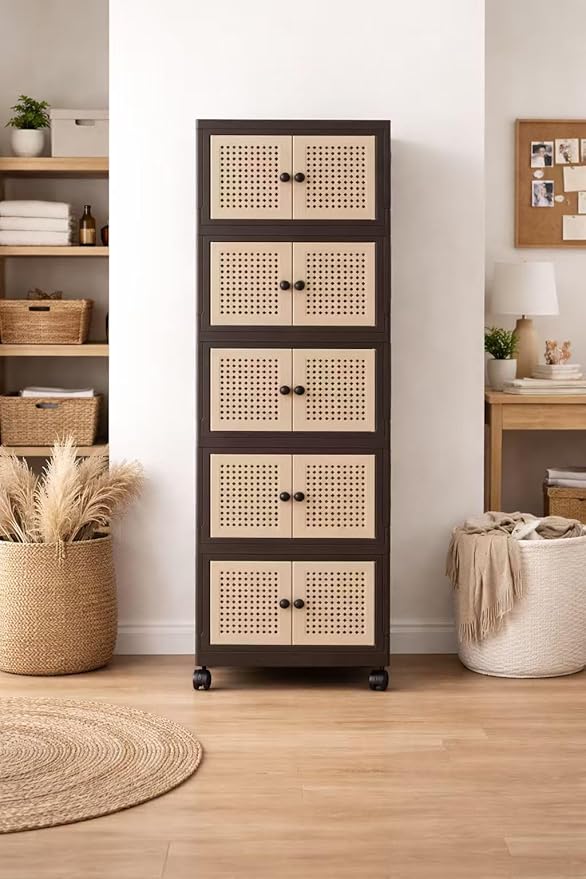 Foldable Plastic Storage Cabinet with Wheels Rattan-Style Doors Stackable Organizer with Magnetic DoorsStorage Boxes for Living Room Bedroom Office 5-Tier