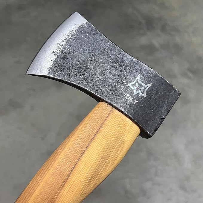 Fox Knives Yankee Axe FX-FA700 Carbon Steel Blade Hickory Wood Handle Leather Sheath Lightweight Outdoor Camping Axe Woodsman Ax Hatchet Bushcraft Survival