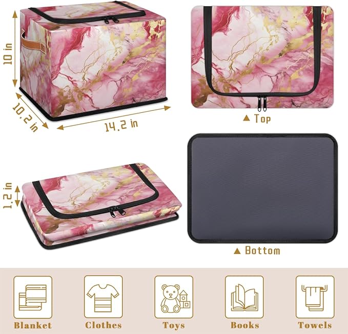 Marble Storage Bins with Zipper Lid Pink Gold Fabric Lidded Storage Baskets Cubes with Handles Decorative Foldable Shelf Closet Organizer Container