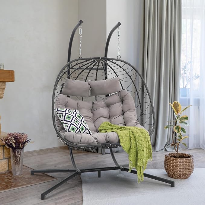 Patiorama 2 Person Double Egg Swing Chair with Stand Indoor Outdoor Patio Wicker Rattan Hanging Egg Chair w/Cushion Pillow Foldable Hammock Chair 550lbs for Bedroom Balcony Garden (Light Grey)