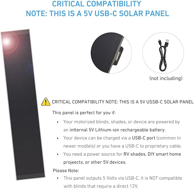 Solar Panels 5W 5V Charge for Motorized Blinds with USB-C Connector | Powers Smart Blinds RV Shades &amp DIY Automation Lithium Battery Operated Shades