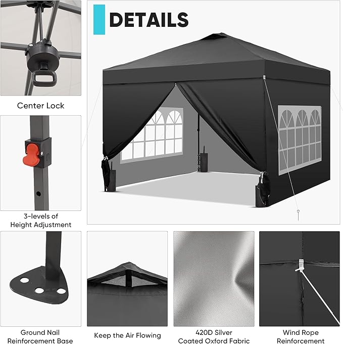 GDY 12x12 Pop Up Canopy Tent with 4 Sidewalls Easy Set up with One Push Lift Gazebo with Wheel Bag and4 SandbagsCarpas for Events PartiesCamping Black.