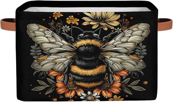 Pardick Basket Storage Bins Animal Bee Black Rectangle Cube Basket Box Kids Girls Boys Toys Organizer Beaket Decor Foldable with Handle for Living Room Bedroom Closet Nursery Office Shelf Gifts